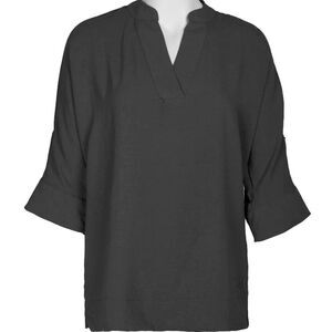 🌸Joan Vass NY Woman Black V-Neck Split Placket 3/4 Roll Up Sleeve Tab Blouse 2X